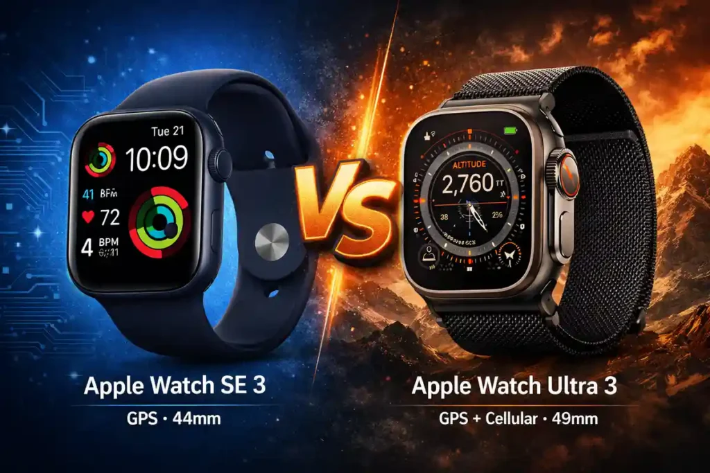 Apple Watch SE 3 vs Apple Watch Ultra 3 comparison showing design, size, and features side by side