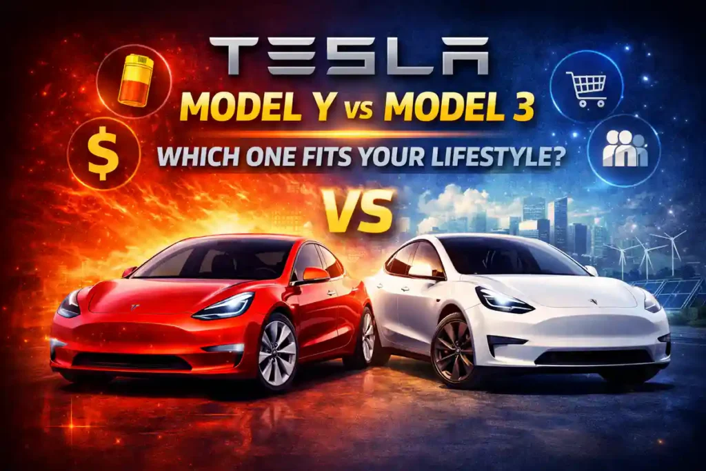 Tesla Model Y vs Tesla Model 3 side by side comparison showing differences in design, size, and lifestyle suitability