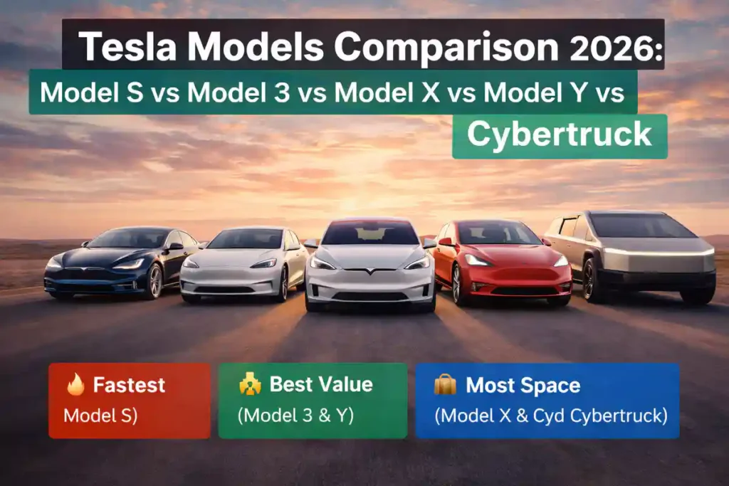Tesla models comparison 2026 showing Model S, Model 3, Model X, Model Y and Cybertruck lineup with key differences in performance, range and practicality