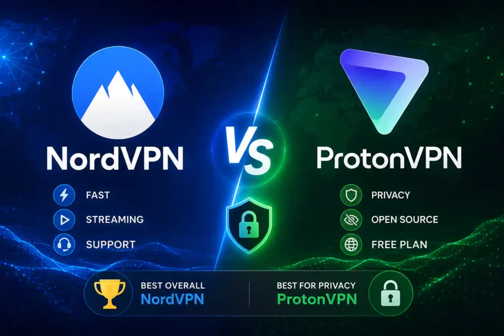 NordVPN vs ProtonVPN comparison showing speed, privacy, streaming, security, customer support, and overall VPN rankings for 2026.