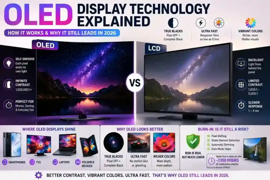 OLED display compared with LCD showing deeper blacks and vibrant colors