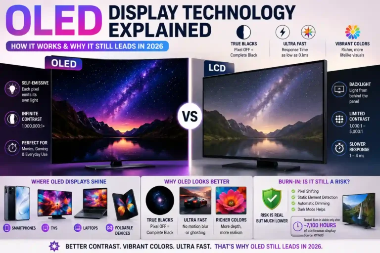 OLED display compared with LCD showing deeper blacks and vibrant colors