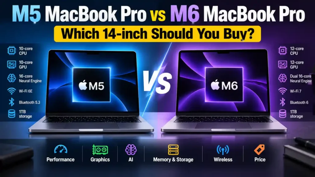 M5 MacBook Pro vs M6 MacBook Pro comparison showing laptop designs, chip specifications, graphics and AI features