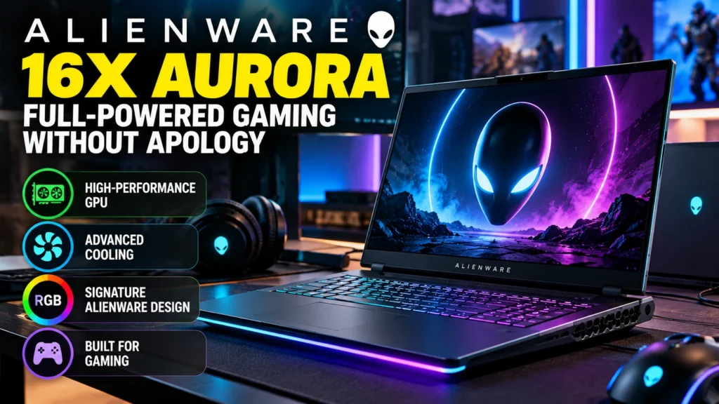 Alienware 16X Aurora gaming laptop with RGB backlit keyboard, futuristic alien-themed display, high-performance gaming design, and advanced cooling features.