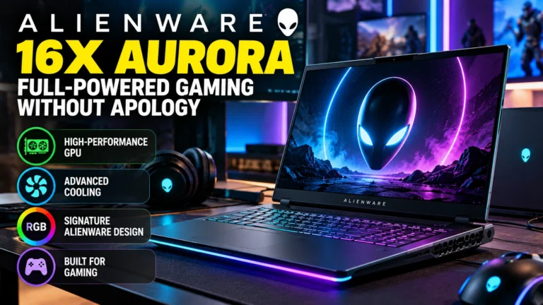 Alienware 16X Aurora gaming laptop with RGB backlit keyboard, futuristic alien-themed display, high-performance gaming design, and advanced cooling features.