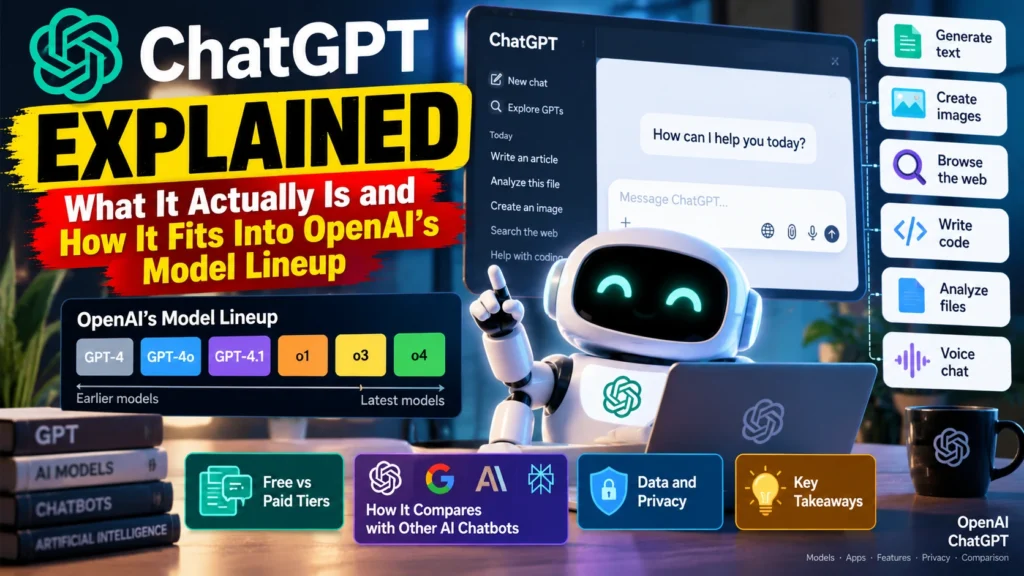 ChatGPT Explained: What It Actually Is and How It Fits Into OpenAI's Model Lineup ChatGPT interface with AI assistant, OpenAI model lineup, image generation, web browsing, and coding features