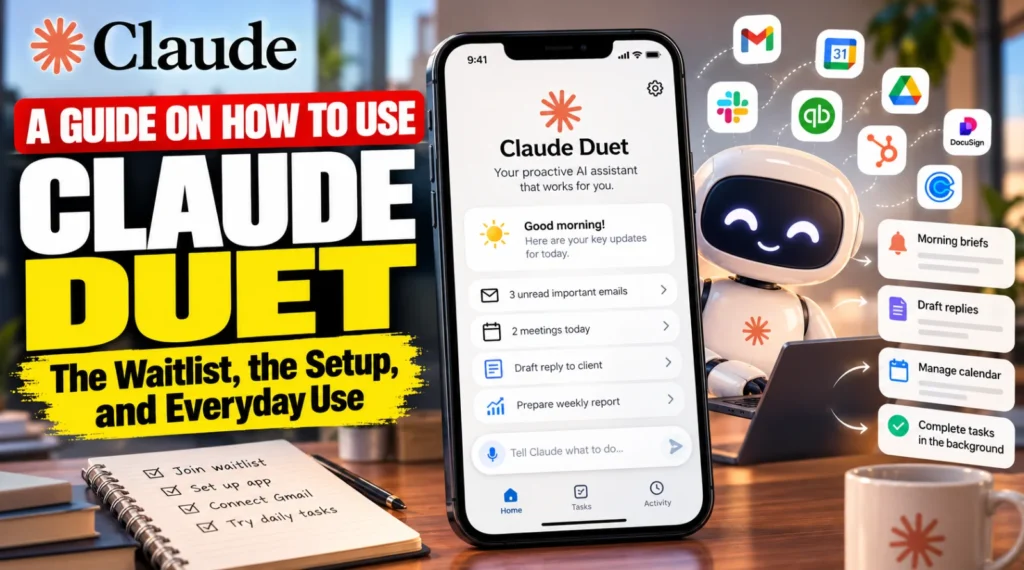 A Guide on How to Use Claude Duet: The Waitlist, the Setup, and Everyday Use Claude Duet AI assistant on a smartphone showing automated tasks, connected apps, and productivity features