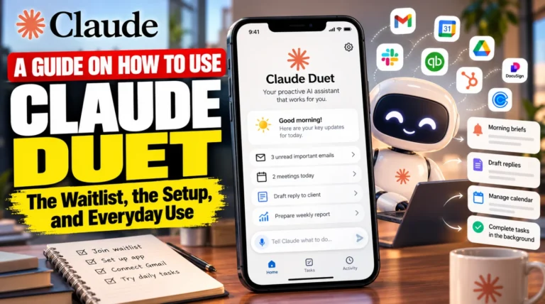 Claude Duet AI assistant on a smartphone showing automated tasks, connected apps, and productivity features