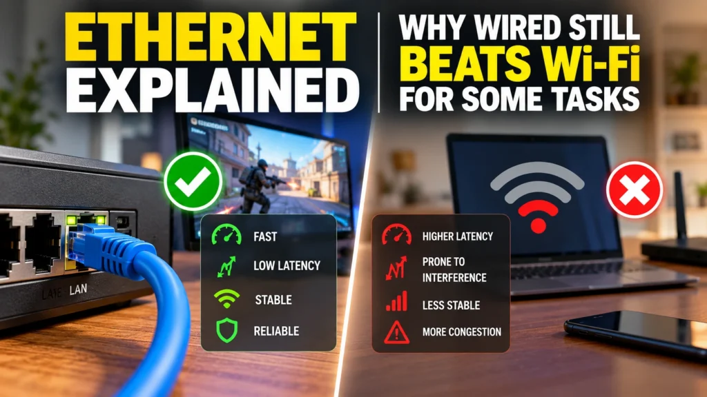 Ethernet vs Wi-Fi comparison showing a wired Ethernet cable connection with low latency and stable performance versus wireless Wi-Fi with potential interference and higher latency.