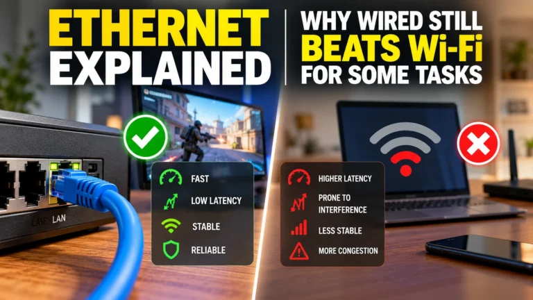 Ethernet vs Wi-Fi comparison showing a wired Ethernet cable connection with low latency and stable performance versus wireless Wi-Fi with potential interference and higher latency.