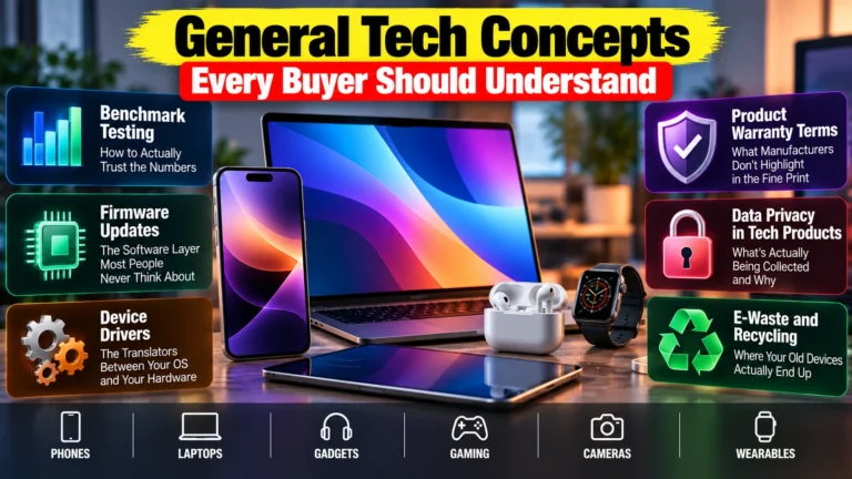 General tech concepts guide covering benchmark testing, firmware updates, device drivers, product warranties, data privacy and e-waste recycling