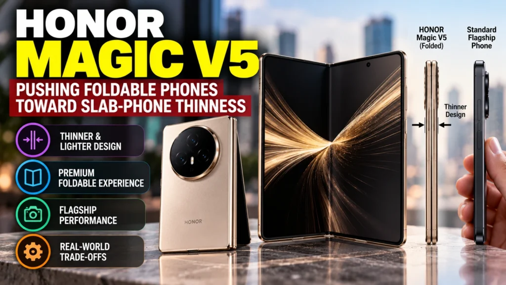 Honor Magic V5 foldable smartphone shown open and folded in a champagne-gold finish, highlighting its slim profile, large inner display, circular camera module, and thinness compared with a conventional flagship phone.