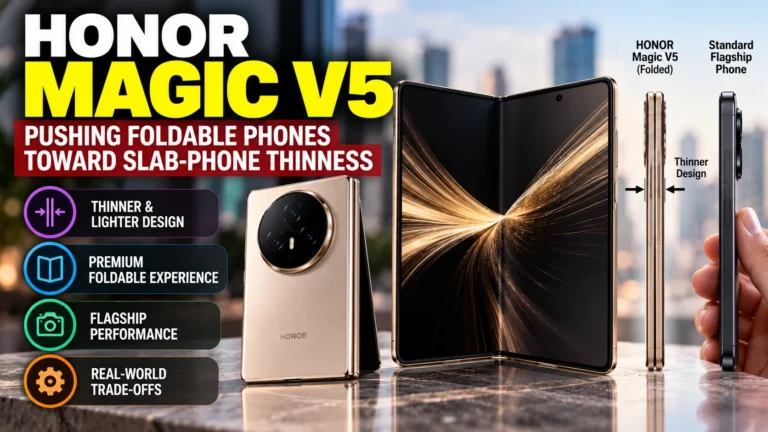 Honor Magic V5 foldable smartphone shown open and folded in a champagne-gold finish, highlighting its slim profile, large inner display, circular camera module, and thinness compared with a conventional flagship phone.