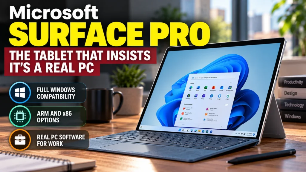 Microsoft Surface Pro tablet with detachable keyboard and Windows 11 desktop interface, highlighting full Windows software compatibility and ARM versus x86 processor options.