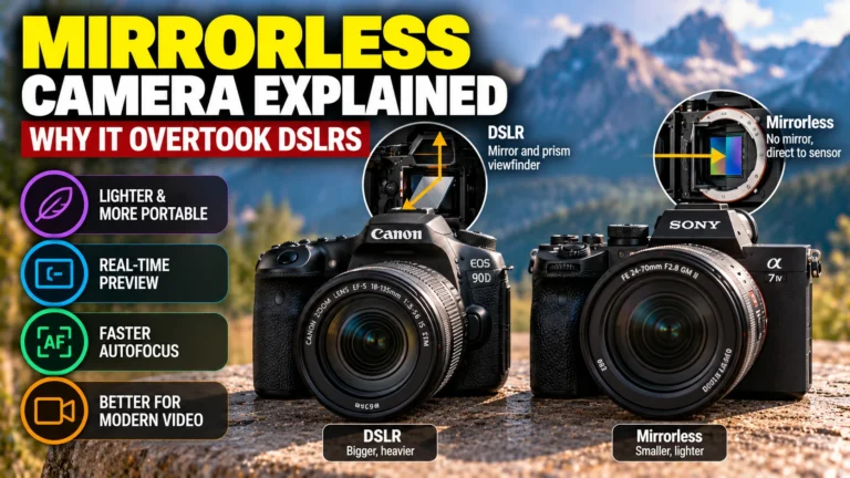 Mirrorless camera vs DSLR comparison featuring a Sony Alpha 7 IV and Canon EOS 90D, illustrating mirrorless camera technology, electronic sensors, optical viewfinders, portability, and camera design differences.