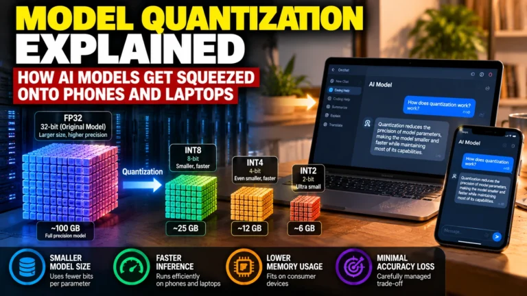 AI model quantization infographic showing FP32, INT8, INT4, and INT2 precision levels with progressively smaller data blocks, alongside a laptop and smartphone running AI models.