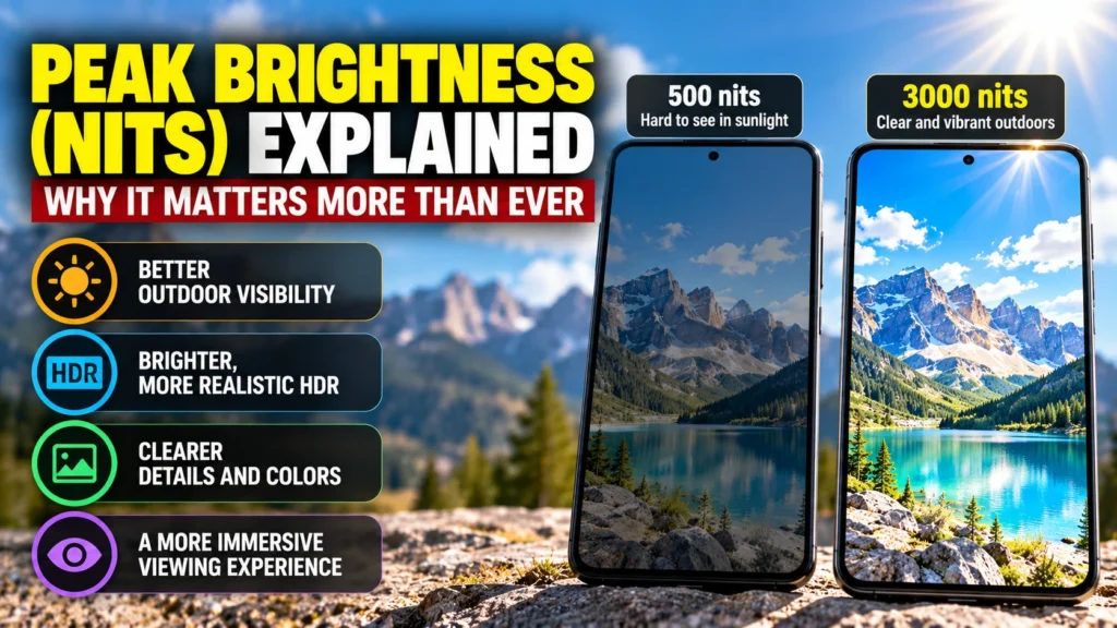 Peak Brightness (Nits) Explained: Why It Matters More Than Ever Peak brightness in nits explained with two smartphones comparing a dim 500-nit display and a brighter 3000-nit display in direct sunlight, illustrating outdoor visibility and HDR picture quality.