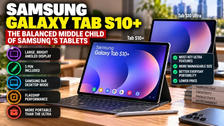 Samsung Galaxy Tab S10+ tablet with keyboard cover and S Pen displayed beside the larger Galaxy Tab S10 Ultra, highlighting the AMOLED display, Samsung DeX desktop mode, premium performance, and portability.