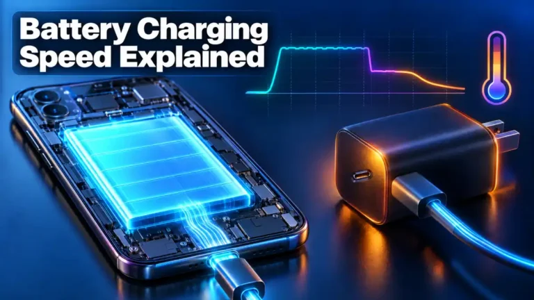 Smartphone battery charging with a fast charger and USB-C cable illustrating charging wattage and speed