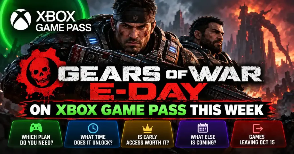 Gears of War E-Day featured image highlighting Xbox Game Pass plans, launch time and October games